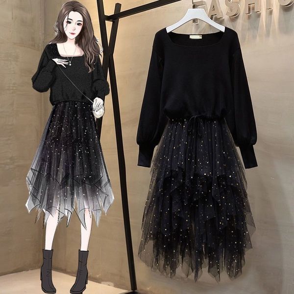 two piece dress autumn 2 sets womens square collar knitted shirt black lantern sleeve + mesh diamond set skirt suit ckza, White
two piece dress autumn 2 sets womens square collar knitted shirt black lantern sleeve + mesh diamond set skirt suit ckza, White