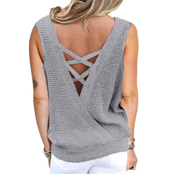 women's t-shirt positive negative two wear v-neck temperament commute solid backless sleeveless waffle sweater ladies vest t-shirts, White
women's t-shirt positive negative two wear v-neck temperament commute solid backless sleeveless waffle sweater ladies vest t-shirts, White