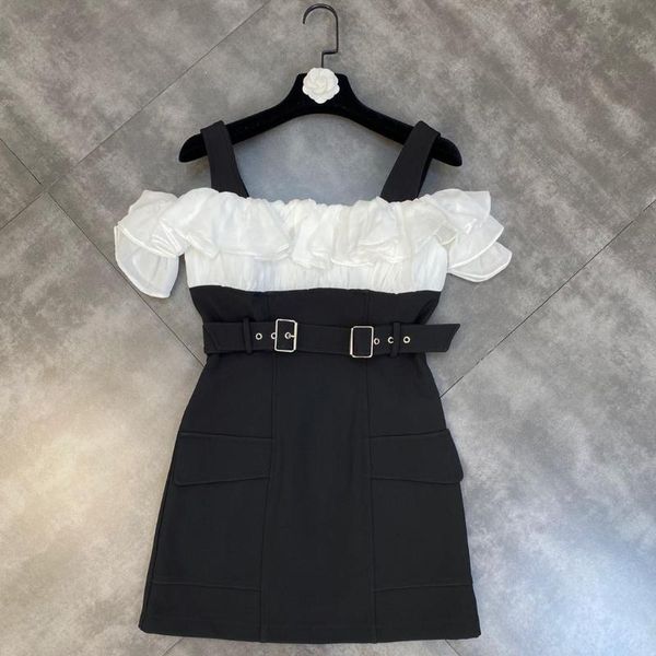 party dresses zcsmll 2021 summer split white rufles shoulder sleeves hit color belt buckle waist thin temperament woman dress, White;black
party dresses zcsmll 2021 summer split white rufles shoulder sleeves hit color belt buckle waist thin temperament woman dress, White;black