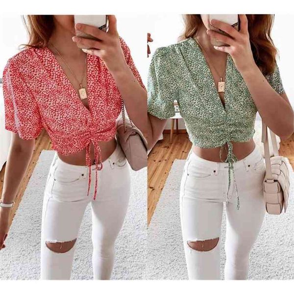 women summer floral drawstring deep v neck short sleeve corp blouse lady fashion pullover shirts femme blusas 210517, White
women summer floral drawstring deep v neck short sleeve corp blouse lady fashion pullover shirts femme blusas 210517, White