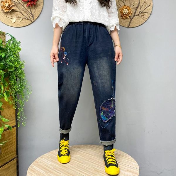 women's jeans h6028 autumn harem for women retro traditional fan embroidery artsy loose casual elastic waist bleached denim trousers, Blue
women's jeans h6028 autumn harem for women retro traditional fan embroidery artsy loose casual elastic waist bleached denim trousers, Blue