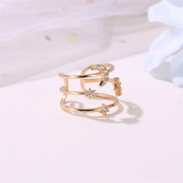 cluster rings three layered hollow crescent moon finger ring for women adjustable rhinestone crystal star open wedding jewelry gift, Golden;silver 
cluster rings three layered hollow crescent moon finger ring for women adjustable rhinestone crystal star open wedding jewelry gift, Golden;silver