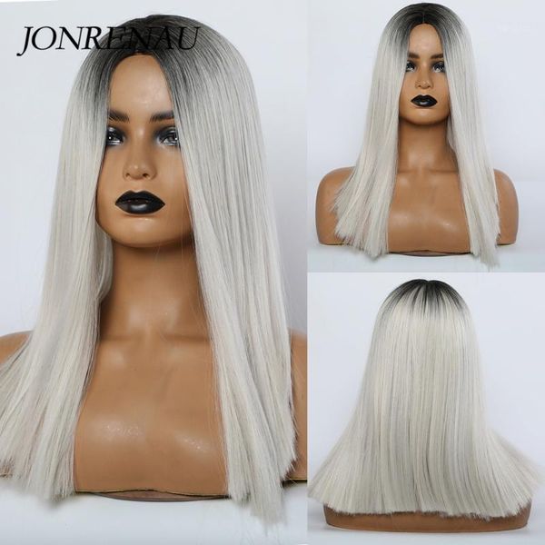 

jonrenau synthetic dark root ombre white center parting wigs for women heat resistant cosplay medium length hair bob1, Black