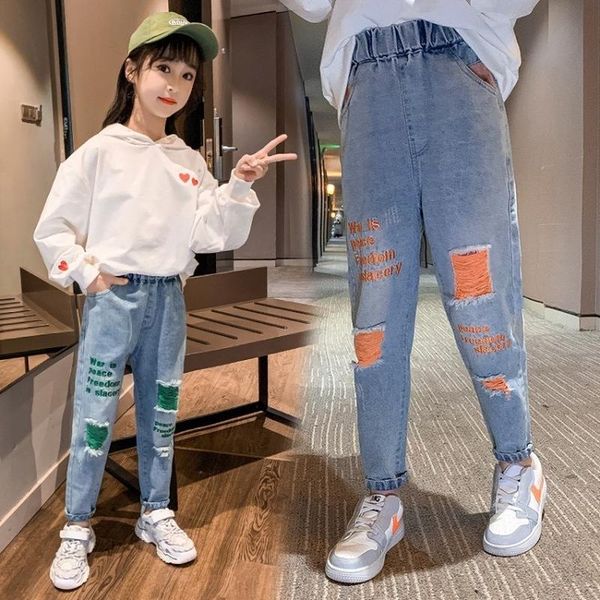 jeans 2021 girls spring and autumn loose ripped korean children's western letters embroidered long kid pants kj23, Blue
jeans 2021 girls spring and autumn loose ripped korean children's western letters embroidered long kid pants kj23, Blue
