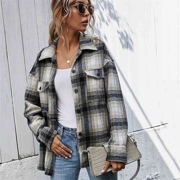 fashion autumn winter long-sleeved loose plaid shirt jacket coats women casual plaid coats for vintage 210517, Black;brown
fashion autumn winter long-sleeved loose plaid shirt jacket coats women casual plaid coats for vintage 210517, Black;brown