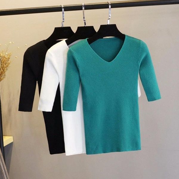five-point sleeve v-neck solid color sweater women elastic half-sleeved ice silk knitted bottoming pullover femal spring women's sweate, White;black
five-point sleeve v-neck solid color sweater women elastic half-sleeved ice silk knitted bottoming pullover femal spring women's sweate, White;black