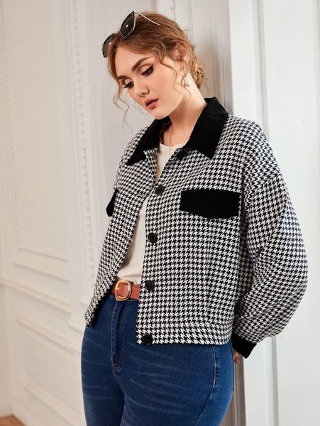 plus houndstooth pattern button front jacket 88br#, Black