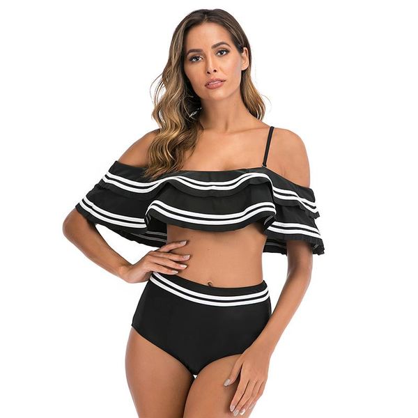 women's swimwear 2021 summer simple swimsuit tube one shoulder striped ruffled high waist covering belly thin split bikini, White;black
women's swimwear 2021 summer simple swimsuit tube one shoulder striped ruffled high waist covering belly thin split bikini, White;black