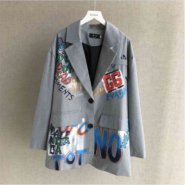 women's suits & blazers autumn british style blazer women casual graffiti letters suit jacket women long sleeve loose plaid ladies, White;black
women's suits & blazers autumn british style blazer women casual graffiti letters suit jacket women long sleeve loose plaid ladies, White;black