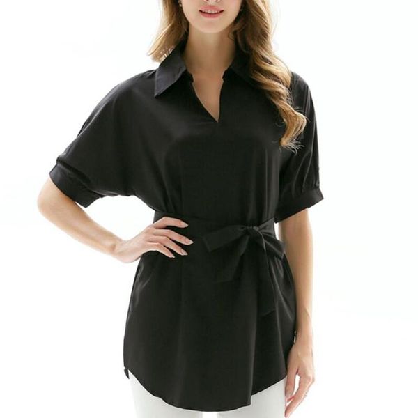 fashion women solid color long blouse shirt half sleeve office mini dress with belt for female women's blouses & shirts, White
fashion women solid color long blouse shirt half sleeve office mini dress with belt for female women's blouses & shirts, White
