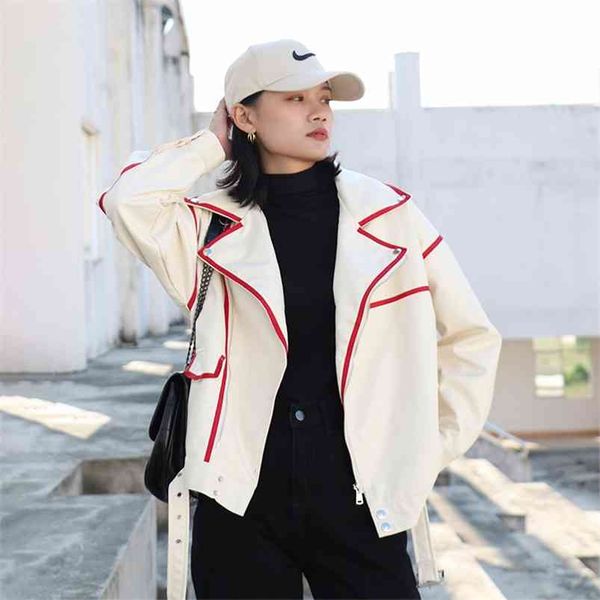 spring autumn women patchwork loose faux pu leather jacket with belt apricot zipper motorcycle biker coat 210430, Tan;black
spring autumn women patchwork loose faux pu leather jacket with belt apricot zipper motorcycle biker coat 210430, Tan;black