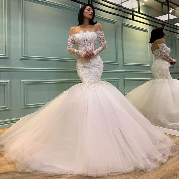classy lace mermaid wedding dresses off the shoulder neck bridal gowns with long sleeves beaded tulle sweep train vestido de novia, White
classy lace mermaid wedding dresses off the shoulder neck bridal gowns with long sleeves beaded tulle sweep train vestido de novia, White