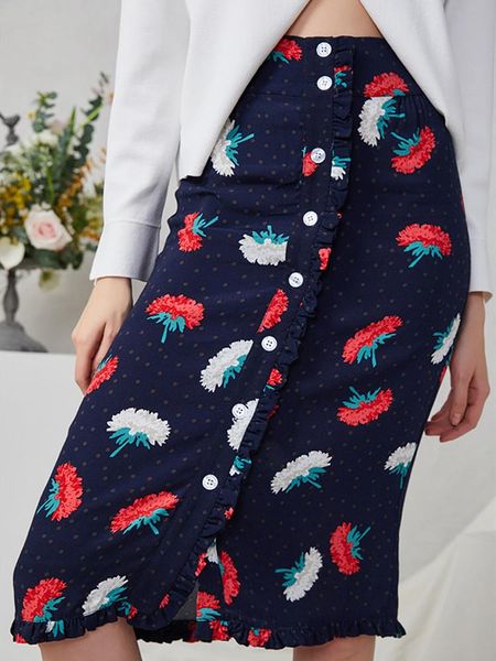 women high waist flower print midi skirt slim ladies elegant female long with buttons skirts, Black
women high waist flower print midi skirt slim ladies elegant female long with buttons skirts, Black