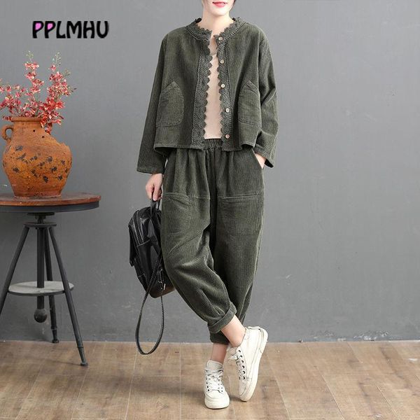 women's tracksuits oversized lace o-neck single-breasted big pockets jacket and baggy ankle-length harem pants corduroy two piece sets, Gray
women's tracksuits oversized lace o-neck single-breasted big pockets jacket and baggy ankle-length harem pants corduroy two piece sets, Gray