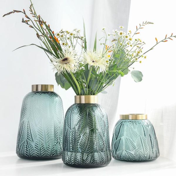 nordic transparent glass vase with leaf pattern and copper ring mouth table decorate hydroponic vases flower arranging device
nordic transparent glass vase with leaf pattern and copper ring mouth table decorate hydroponic vases flower arranging device