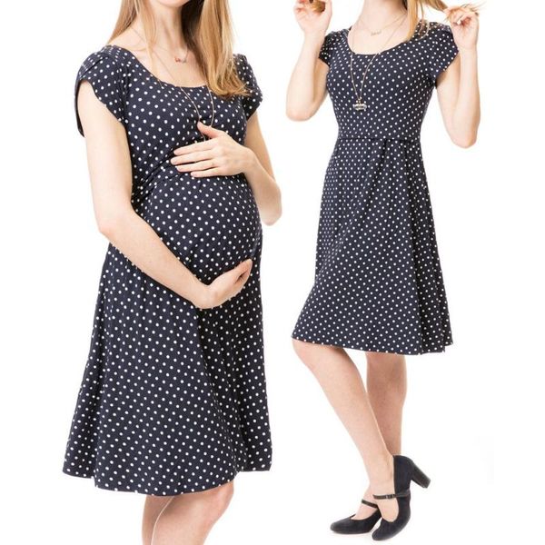 nursing mommy fashion dress chiffon maternity dresses wave point knee-length vestidos for pregnant women summer pullover wear, White