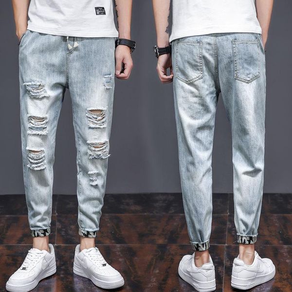 men's pants streetwear ripped jeans elastic skinny denim trousers casual slim light blue waist pencil, Black
men's pants streetwear ripped jeans elastic skinny denim trousers casual slim light blue waist pencil, Black