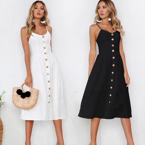 sleeveless backelss summer women dresses black white casual spaghetti strap button midi sundress female, Black;gray
sleeveless backelss summer women dresses black white casual spaghetti strap button midi sundress female, Black;gray