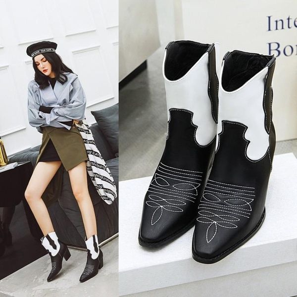 boots european and american style fashion simple wild snake pattern stitching thick medium heel short tube pointed female, Black
boots european and american style fashion simple wild snake pattern stitching thick medium heel short tube pointed female, Black