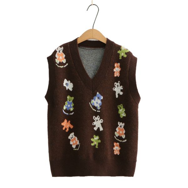 Cartoon Bear Embroidery Women Sweaters Vest 2021 Winter V Neck Sleeveless Vintage Casual Ladies Knitted Pullover Casual Top, White;black
Cartoon Bear Embroidery Women Sweaters Vest 2021 Winter V Neck Sleeveless Vintage Casual Ladies Knitted Pullover Casual Top, White;black