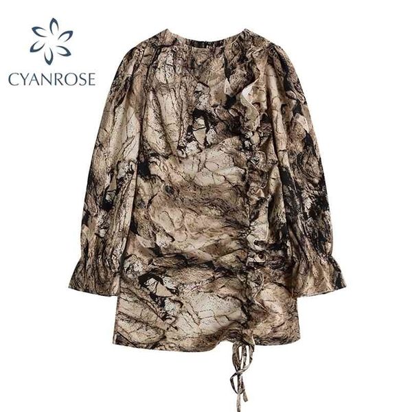 tie dye streetwear crop dress women o neck draped drawstring lace up short frocks female flare long sleeve party club jupe 210515, Black;gray 
tie dye streetwear crop dress women o neck draped drawstring lace up short frocks female flare long sleeve party club jupe 210515, Black;gray