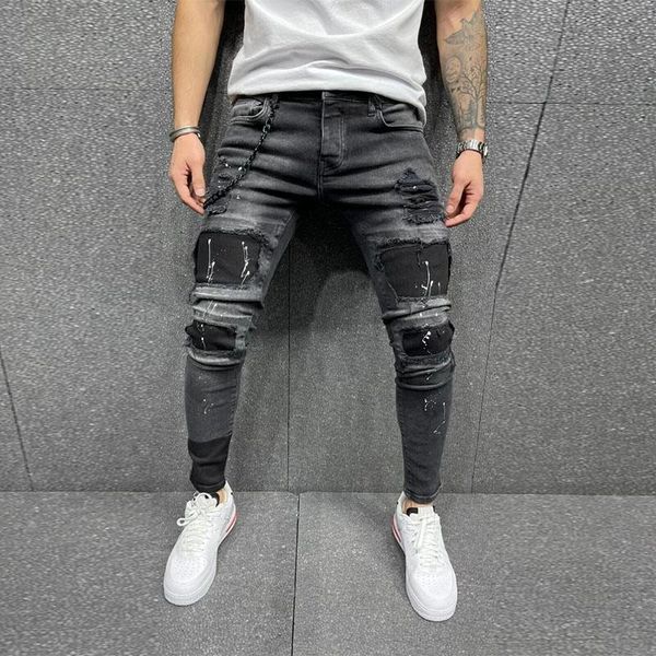 men's jeans men ripped skinny zipper black patchwork biker pencil pants street man slim fit denim hip hop draped trousers, Blue
men's jeans men ripped skinny zipper black patchwork biker pencil pants street man slim fit denim hip hop draped trousers, Blue