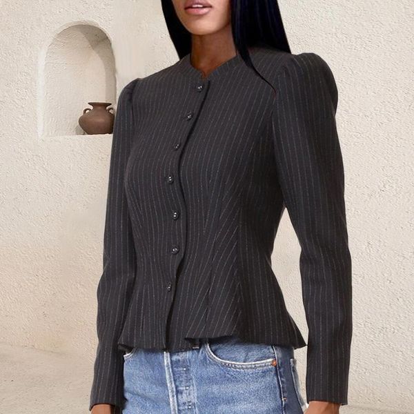 women's blouses & shirts vintage striped women blouse single breasted long sleeve slim waist shirt, White
women's blouses & shirts vintage striped women blouse single breasted long sleeve slim waist shirt, White