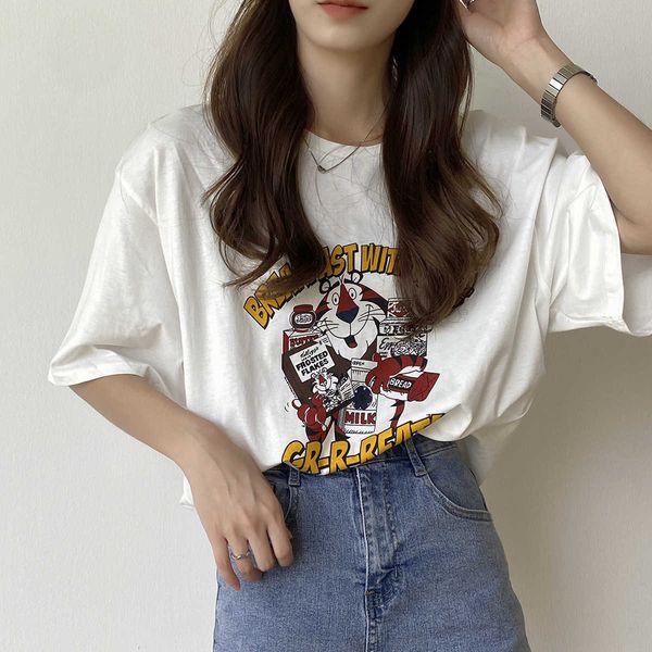 printed short-sleeved t-shirt women's loose cartoon summer female tee 210607, White
printed short-sleeved t-shirt women's loose cartoon summer female tee 210607, White
