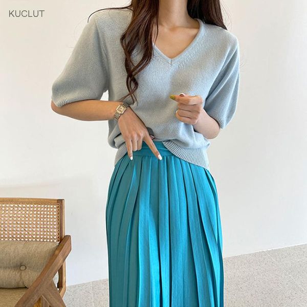 women's knits & tees korean chic temperament elegant v-neck loose and versatile short sleeve knitted sweater + high waist irregular ple, White
women's knits & tees korean chic temperament elegant v-neck loose and versatile short sleeve knitted sweater + high waist irregular ple, White