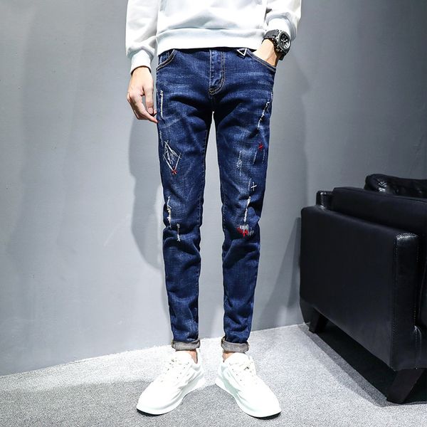 men's jeans spring and autumn denim jeans men's feet pants slim stretch elastic hole patch trend korean cow pencil men lt8g, Blue
men's jeans spring and autumn denim jeans men's feet pants slim stretch elastic hole patch trend korean cow pencil men lt8g, Blue