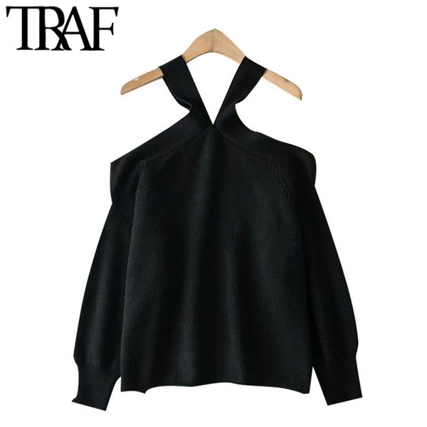 women fashion strapless halter knitted sweaters vintage long sleeve loose female pullovers chic 210507, White;black
women fashion strapless halter knitted sweaters vintage long sleeve loose female pullovers chic 210507, White;black