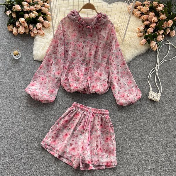 women's tracksuits summer floral printed 2pcs set women pink hooded pullover chiffon blouse + wide leg shorts female elegant two piece, Gray
women's tracksuits summer floral printed 2pcs set women pink hooded pullover chiffon blouse + wide leg shorts female elegant two piece, Gray