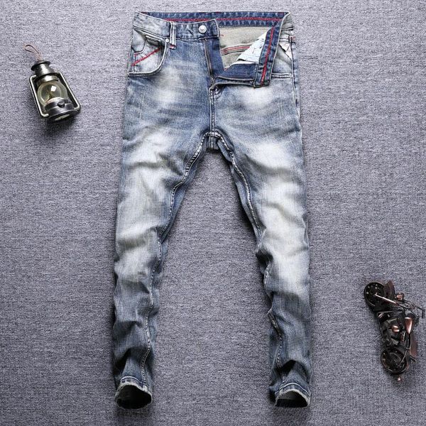 men's jeans italian style fashion men elastic slim fit ripped embroidery designer vintage casual denim pants, Blue
men's jeans italian style fashion men elastic slim fit ripped embroidery designer vintage casual denim pants, Blue