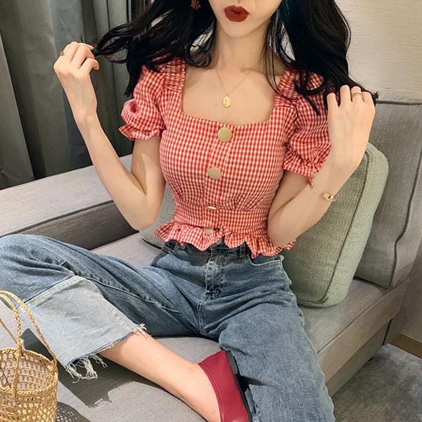 vintage plaid crop blouses women summer square collar puff sleeve button ladies plus size chemisier femme, White
vintage plaid crop blouses women summer square collar puff sleeve button ladies plus size chemisier femme, White