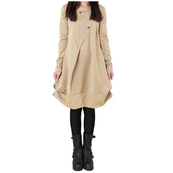 women autumn knee-length casual polyester dress for girls loose pleated o-neck solid color natural button dresses, Black;gray
women autumn knee-length casual polyester dress for girls loose pleated o-neck solid color natural button dresses, Black;gray