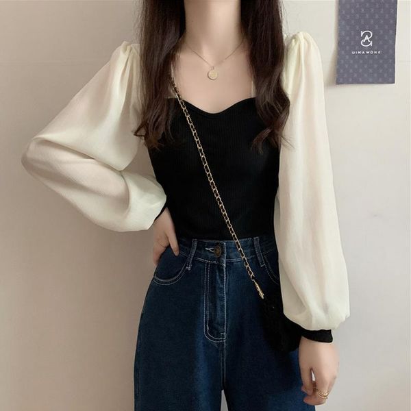 women's t-shirt autumn 2021 french design temperament square neck splicing long sleeve bottoming shirt pullover fashion, White
women's t-shirt autumn 2021 french design temperament square neck splicing long sleeve bottoming shirt pullover fashion, White