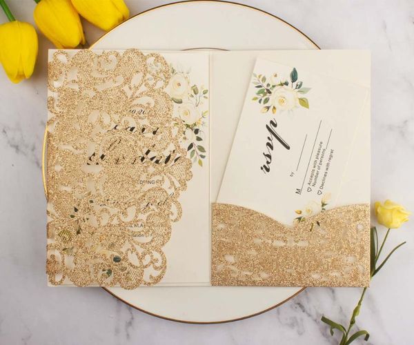 10pcs/lot rose gold glitter paper pocket cards laser cut wedding invitation card trifold greeting cover for party supplies
10pcs/lot rose gold glitter paper pocket cards laser cut wedding invitation card trifold greeting cover for party supplies