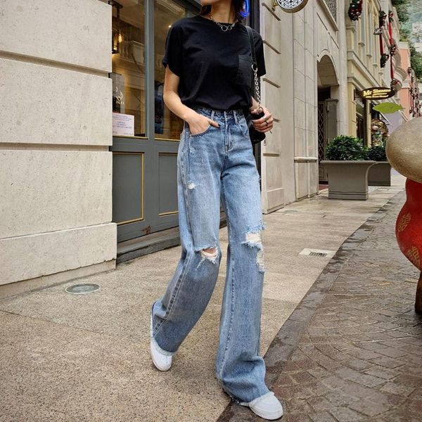 women's jeans autumn female fashion high waist wide leg ripped denim pants women spring hole vintage elastic light straight trousers, Blue
women's jeans autumn female fashion high waist wide leg ripped denim pants women spring hole vintage elastic light straight trousers, Blue