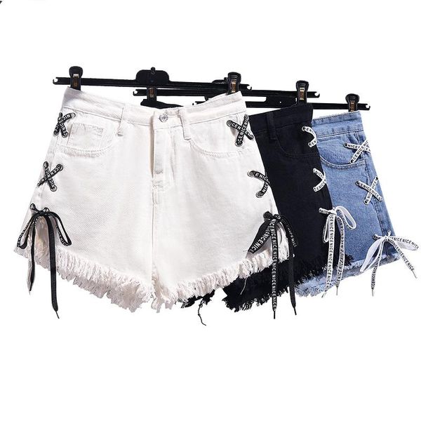 women's shorts plus size tassel denim party rave women club skinny lace up mid waist hole rivet button black short jeans d12, White;black
women's shorts plus size tassel denim party rave women club skinny lace up mid waist hole rivet button black short jeans d12, White;black
