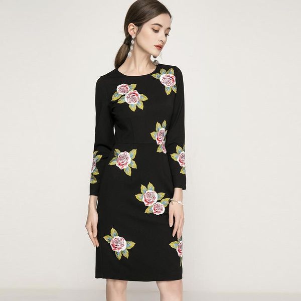 women round neck full sleeve embroidery knee length dress casual dresses, Black;gray
women round neck full sleeve embroidery knee length dress casual dresses, Black;gray