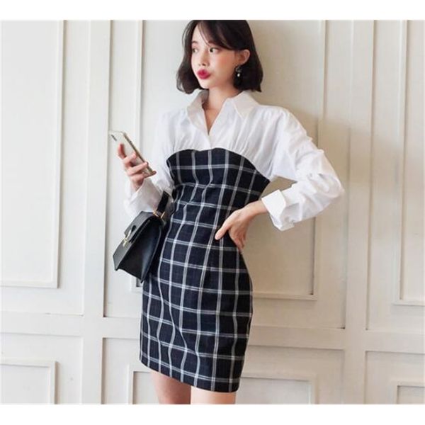 korean version of the lapel stitching fake two-piece plaid color long-sleeved, Black;gray
korean version of the lapel stitching fake two-piece plaid color long-sleeved, Black;gray
