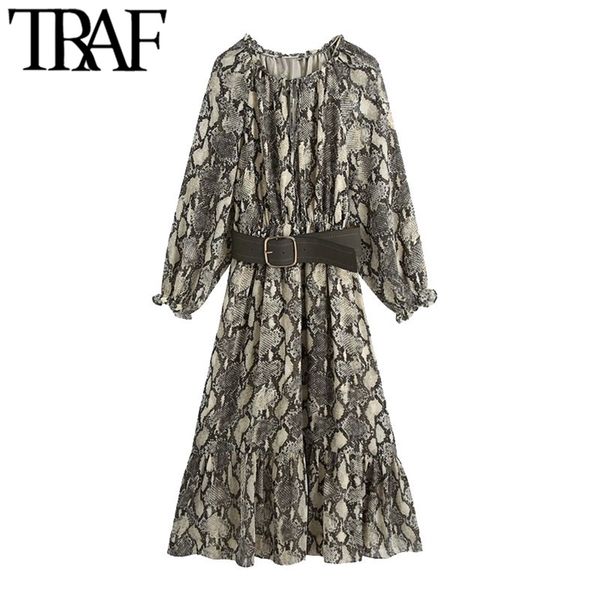 women chic fashion with belt snake print ruffled midi dress vintage long sleeve elastic waist female dresses mujer 210507, Black;gray
women chic fashion with belt snake print ruffled midi dress vintage long sleeve elastic waist female dresses mujer 210507, Black;gray