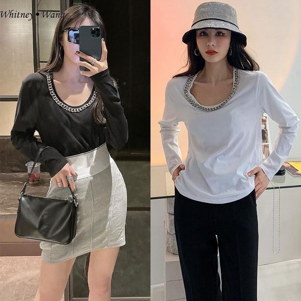women's t-shirt whitney wang 2021 spring fashion streetwear long sleeve chains neck women tees lady, White
women's t-shirt whitney wang 2021 spring fashion streetwear long sleeve chains neck women tees lady, White