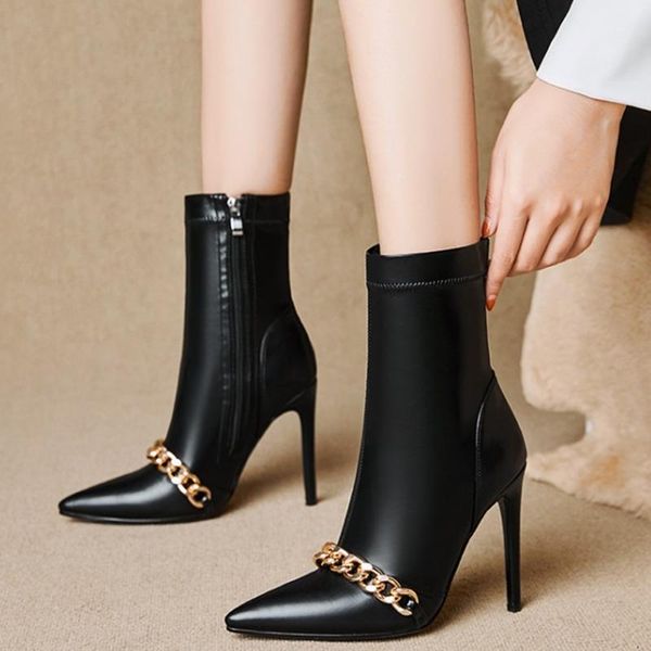 boots gold chain ornament fashion pointed toe western women high heel leather booties side zip china factory wholesale, Black
boots gold chain ornament fashion pointed toe western women high heel leather booties side zip china factory wholesale, Black