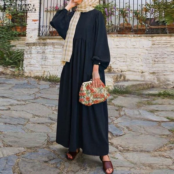 casual dresses zanzea abaya turkey hijab dress retro muslim women long puff sleeve dubai sundress robe 5xl solid islamic clothing, Black;gray