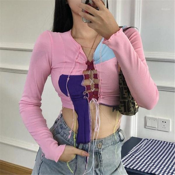 women's t-shirt color stitching female cropped long sleeves fashion lace-up casual slim fit t-shirts women spring fall short w, White
women's t-shirt color stitching female cropped long sleeves fashion lace-up casual slim fit t-shirts women spring fall short w, White