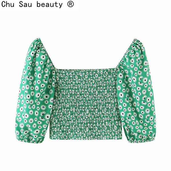 daisy print square collar small shirt spring lantern sleeve elastic crop short ladies' shirt fashion chic 210508, White 
daisy print square collar small shirt spring lantern sleeve elastic crop short ladies' shirt fashion chic 210508, White