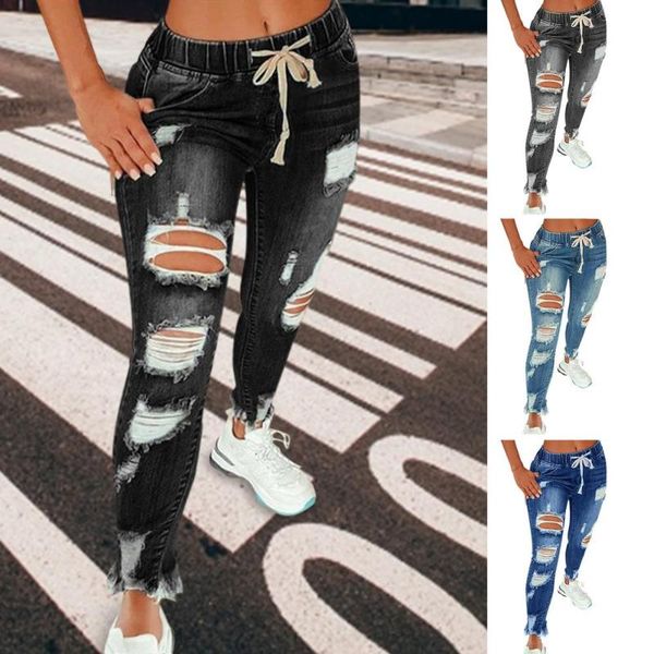 women's jeans drawstring ladies ripped high waist skinny stretch slim cotton trousers full length pencil pants, Blue
women's jeans drawstring ladies ripped high waist skinny stretch slim cotton trousers full length pencil pants, Blue