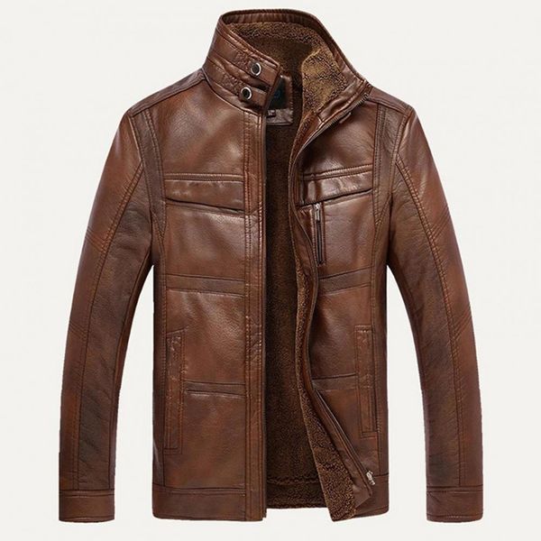 men winter long sleeve solid color stand collar faux leather fleece lined zip warm short casual jackets keep warm, Black
men winter long sleeve solid color stand collar faux leather fleece lined zip warm short casual jackets keep warm, Black