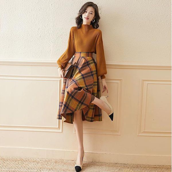 two piece dress half-length skirt two-piece female autumn and winter half-high collar lantern sleeve sweater retro plaid suit kr0b, White
two piece dress half-length skirt two-piece female autumn and winter half-high collar lantern sleeve sweater retro plaid suit kr0b, White